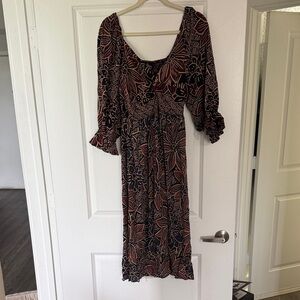 Floral Smocked Waist Midi Dress in Rust and Black